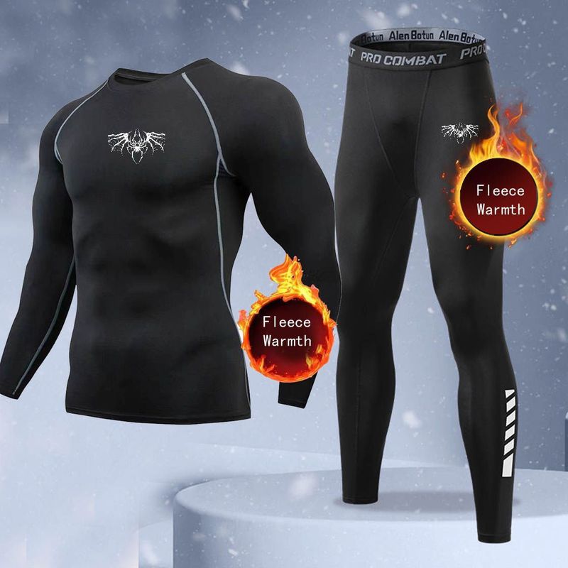 Thermal Long John - ชุดชั้นในกันหนาวสำหรับผู้ชายแบบ 2 ชิ้นใหม่ เสื้อชั้นในกันหนาวผ้าฟลีซ กางเกงลองจอห์นแบบรัดรูป ชุดออกกำลังกายและชุดกีฬา